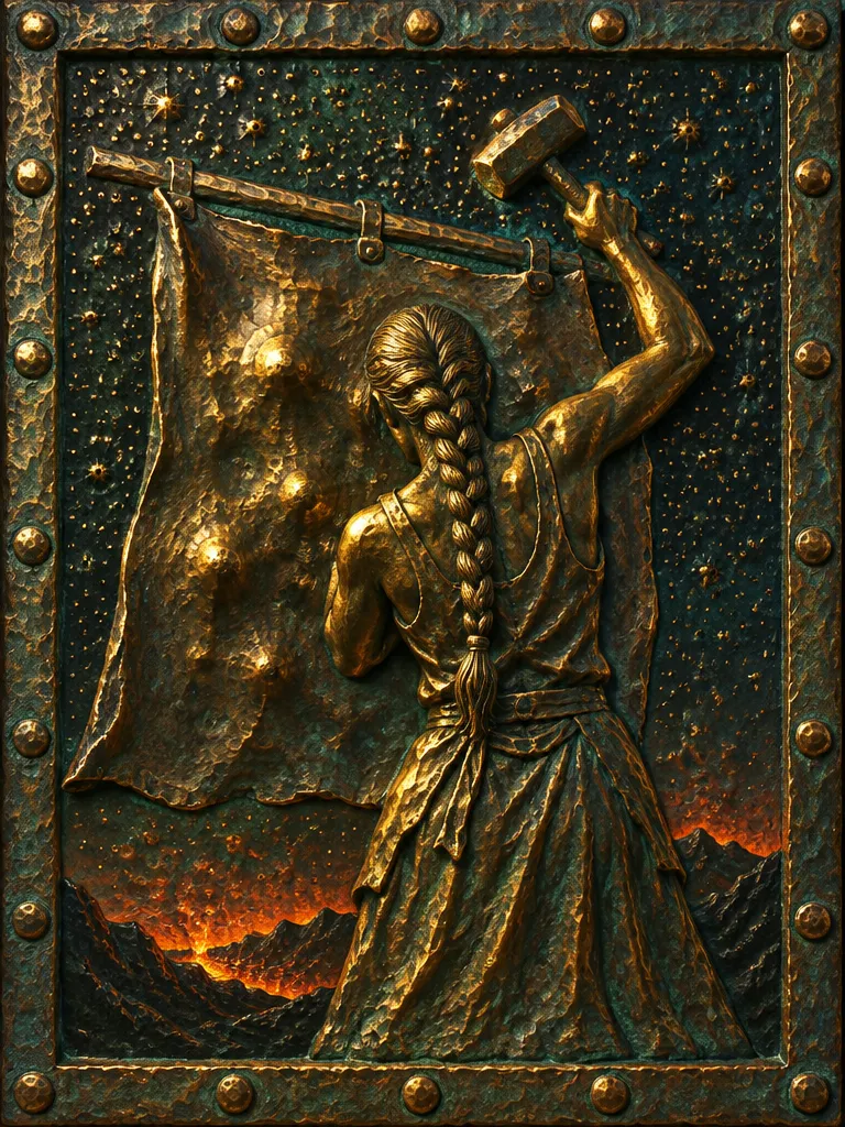 Bronze relief: Orsa seen from behind, braid down her back, hammer raised against the back of a hanging sheet