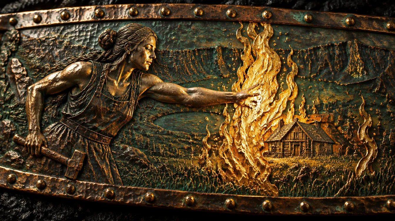 Bronze relief panel: a woman smith reaches her bare arm into a gold-leaf flame while a wooden house stands unburnt inside the fire