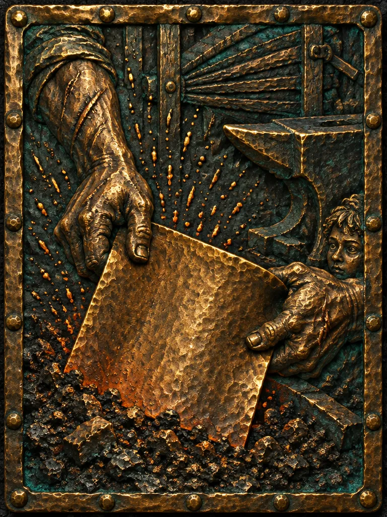 Bronze relief: two scarred hands lift a blank sheet out of forge ash while an apprentice peeks in beside the anvil