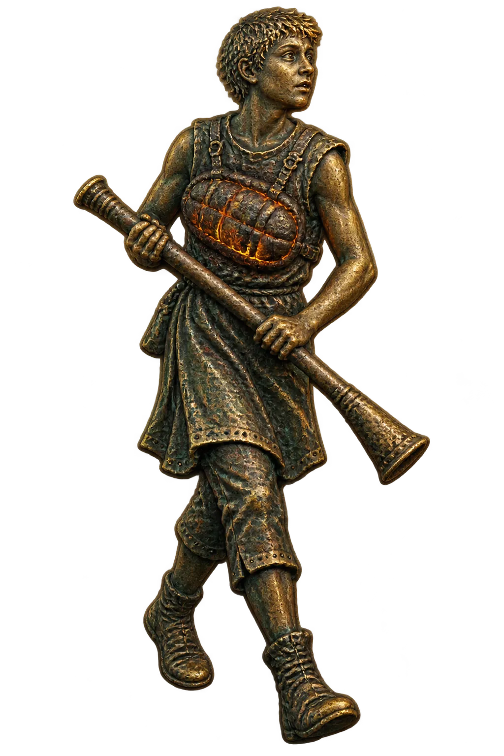 Ibe Larn as a bronze relief figure carrying a bellows pipe, an ember cushion strapped to his chest