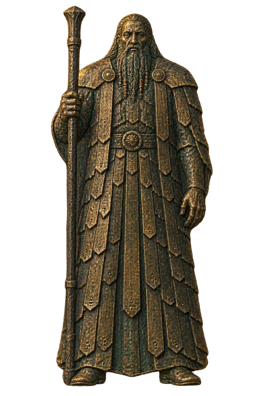 Kesh Dorun as a bronze relief figure, very tall, beard threaded with copper beads, an iron staff held upright