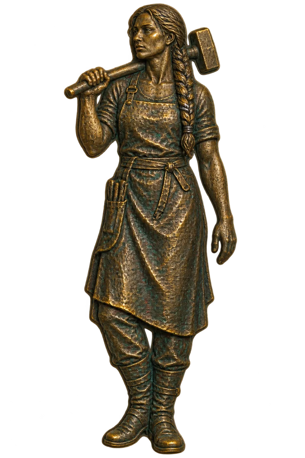 Orsa Taval as a bronze relief figure, hammer on her shoulder, stepping up out of the top edge of the belt
