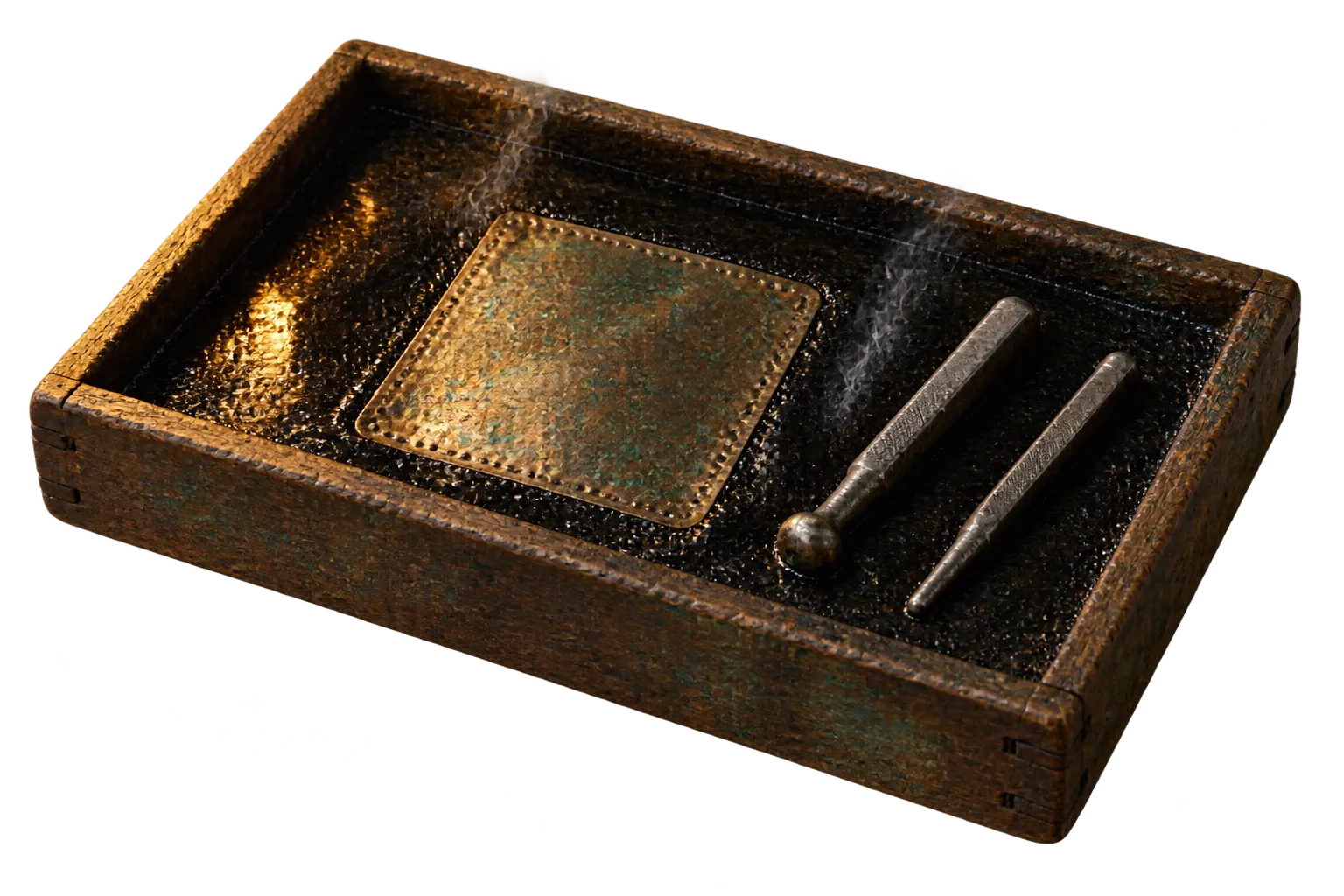A wooden tray of black pitch with a small bronze plate pressed face down and two steel punches beside it