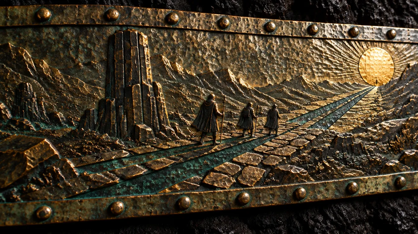 Bronze relief panel: three travellers on a stone road, their long shadows stretching toward a low gold-leaf sun