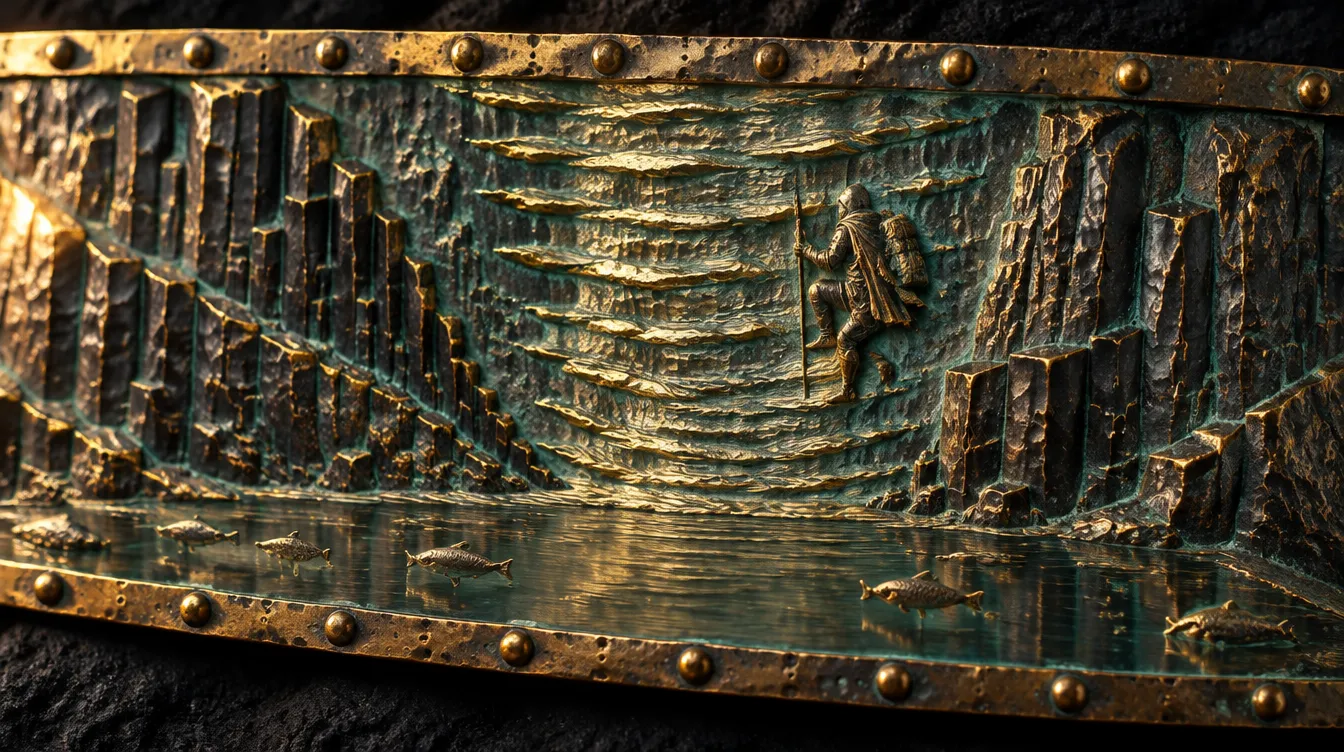 Bronze relief panel: a waterfall stands still in mid-air between basalt cliffs, a traveller climbs its face, fish hang in the motionless river